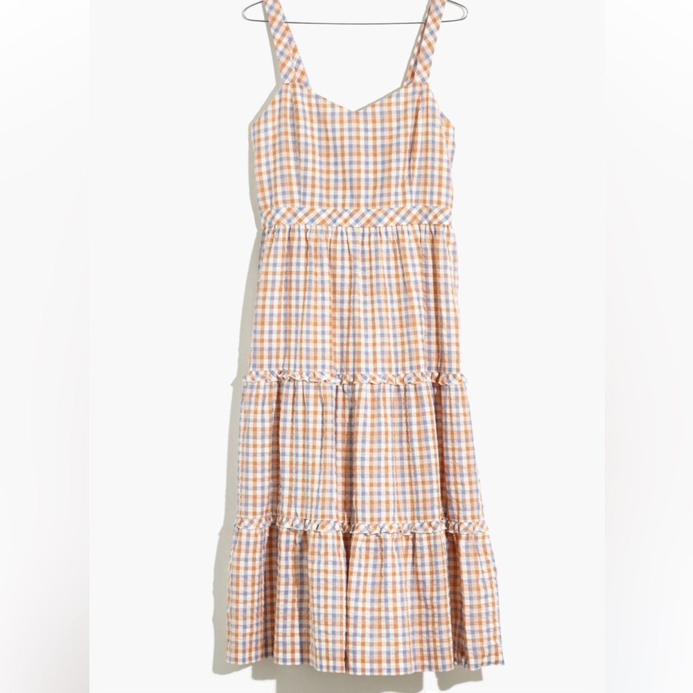 MADEWELL Gingham Sweetheart Ruffle-Tiered Midi Dress -NWT
